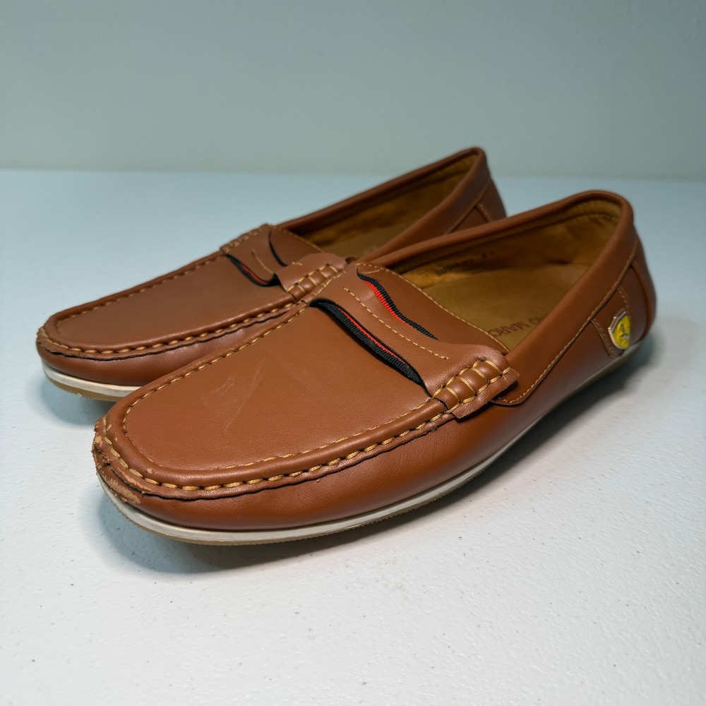 Bruno Marc Mens Brown Leather Driving Moccasins Loafers‎ Shoes Ferrari Logo 8.5